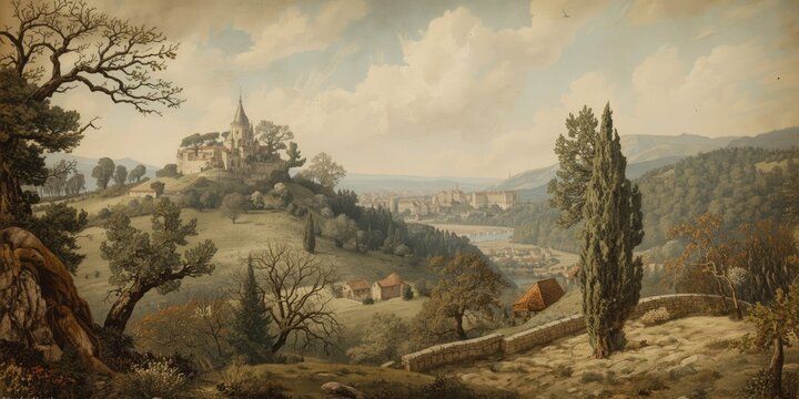 Old French book art capturing historic Mediterranean countryside from the 18th century