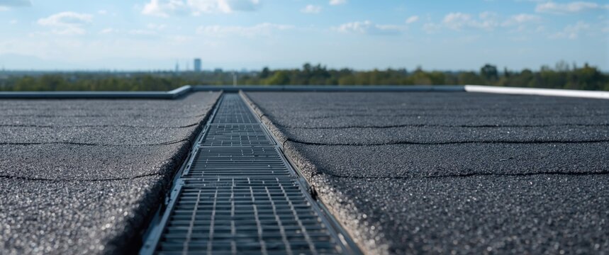 Flat roof with drainage system and cityscape in background