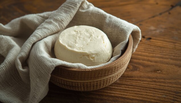 Freshly made curd cheese on a linen cloth in a rustic wood strainer with weathered wood below