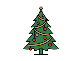 Fototapeta premium A simple cartoon Christmas tree with festive red and gold ornaments - ideal for holiday season graphics, festive web design, children's content, and seasonal marketing visuals