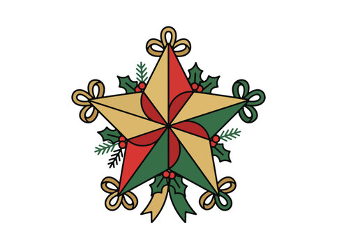 Festive Christmas Star Ornament with Holly and Berries - ideal for holiday season designs, winter celebrations, greeting cards, and cultural event promotions