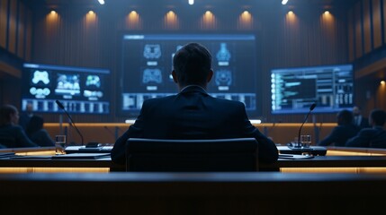 Naklejka premium A tense courtroom with a focused lawyer, digital game icons and a glowing server rack on presentation screens, symbolizing an online service dispute. Modern courthouse setting, dramatic mood, cool