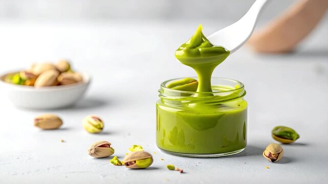 A jar of green paste with a spoon, surrounded by pistachios, on a white surface