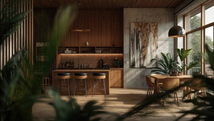 Fototapeta premium Wooden elements enhance the modern kitchen and living space complemented by indoor greenery and artistic walls