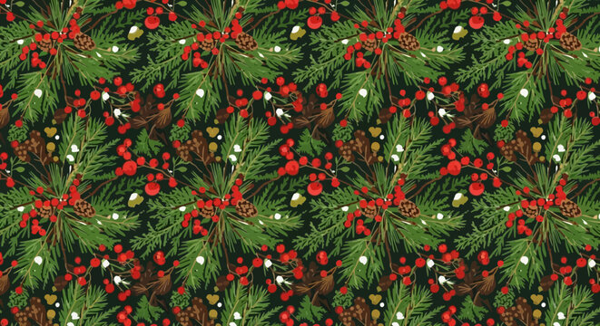 Seamless Christmas Pattern: Pine Branches, Red Berries, Pinecones, and Snowflakes on Black