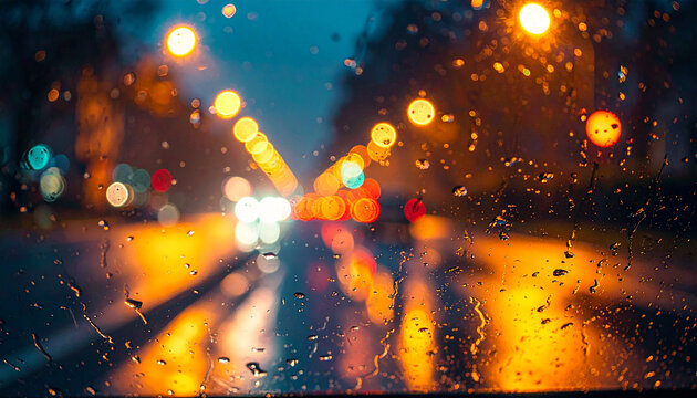 POV moody night drive through wet car windshield with colorful neon bokeh