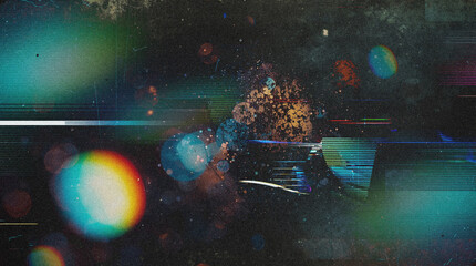 Abstract dark glitch background with digital distortion scanlines, rainbow bokeh orbs, heavy film grain, and chromatic aberration for cyberpunk overlay. © ale studio 
