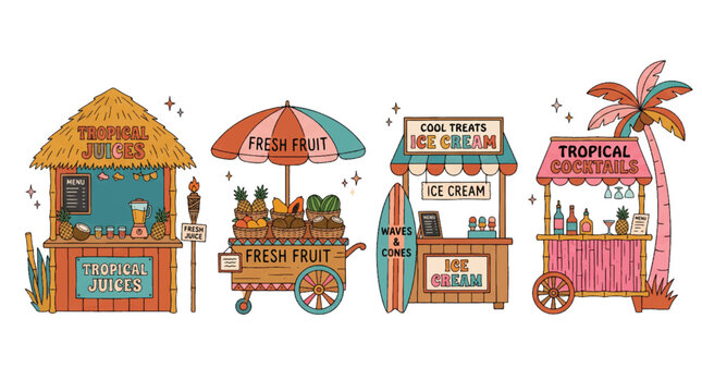 Tropical beach stalls vector set, summer food carts collection with tropical juice shack, fresh fruit cart, ice cream stand, and cocktail kiosk isolated on white.