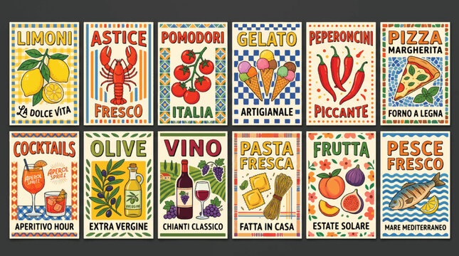 Vintage Italian food and travel poster set, retro Italy illustrations bundle with pizza, pasta, gelato, wine, and olive oil vector.