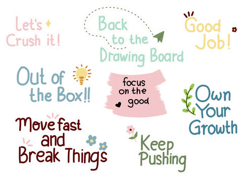 collection of stickers featuring workplace buzzwords to boost morale