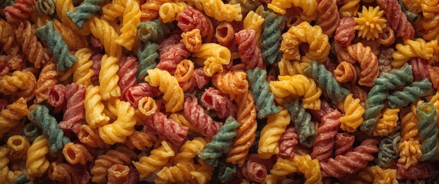 Textured assortment of colorful macaroni and spaghetti pasta captured in artistic close up