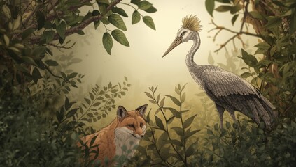 Fototapeta premium Hand drawn fable scene with fox and crane characters in natural setting