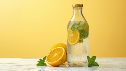 Fototapeta premium Lemon water with mint leaves on a marble surface
