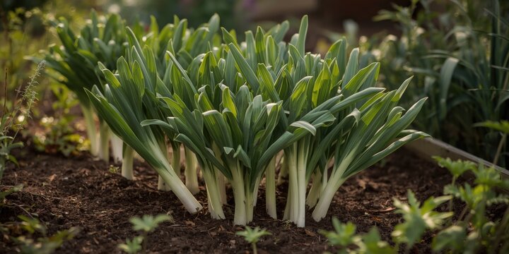 Wild broadleaf leeks growing in a garden bed