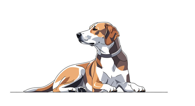 A stylized illustration of a tri-color beagle dog, resting calmly with its head turned to the side, depicted in a clean, minimalist graphic style against a stark white backdrop