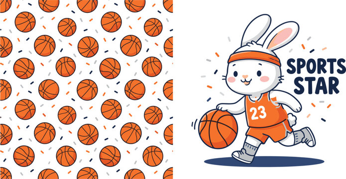 Cute cartoon rabbit basketball player character vector with sports star typography and matching seamless ball pattern background (18 words)