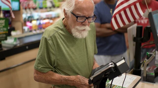 Senior man happily pays at the checkout counter of a grocery store using a credit card while shopping for food and other items