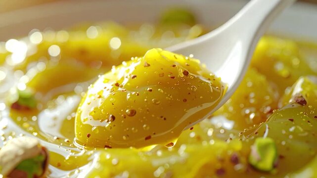 Close-up of yellow dessert with spoon, pistachios, and reddish specks