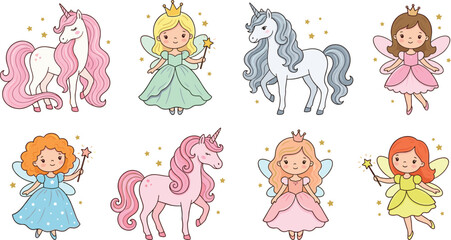 Cute cartoon fairy and unicorn vector character collection with little princesses magic wands and stars isolated on white background (19 words) © MdEajdani