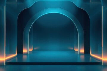 Fototapeta premium Futuristic stage design. Blue lighting dominates, accented by warm orange glows. Arches create depth, inviting focus onto central platform.