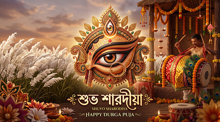 Fototapeta premium Happy Durga Puja greeting card with traditional Goddess Durga eye motif, dhak drum, and kash phool field