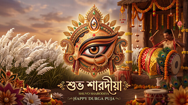 Happy Durga Puja greeting card with traditional Goddess Durga eye motif, dhak drum, and kash phool field
