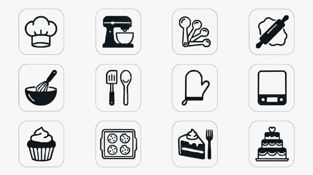 Icon Set of Kitchen Tools and Baking Essentials.