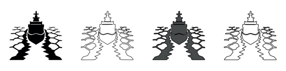 Icon of a warship sailing through rough seas with stylized waves © Ophelia