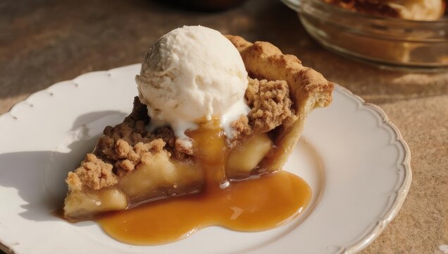 Slice of warm apple pie with crumble topping, topped with vanilla ice cream, golden sauce