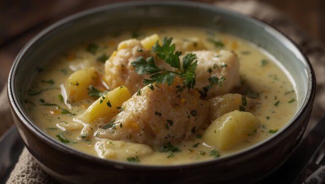 Rich and creamy haddock and cod chowder with potatoes and parsley