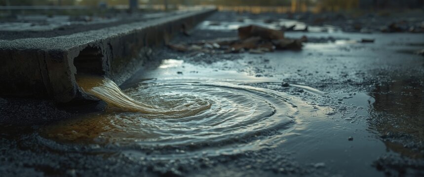 Water flowing from a drain onto a wet pavement surface