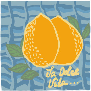 Stylized lemons illustration with La Dolce Vita handwritten text on a blue wavy background. Mediterranean summer vector art poster.