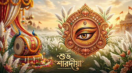 Fototapeta premium Close-up face of Goddess Durga with intricate gold crown during puja festival celebration with dhak drummer