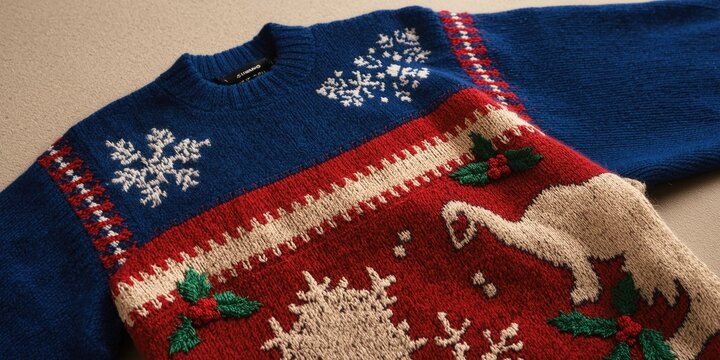 Vintage dinosaur knit sweater with intricate Christmas embroidery and a bold colorblock layout