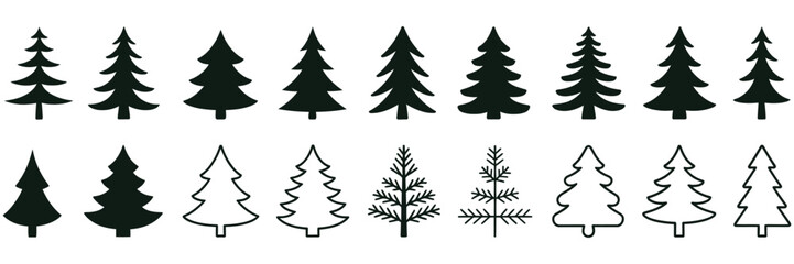Fototapeta premium Pine Icon Set Featuring Fir Tree, Evergreen Conifer, Forest Tree And Christmas Tree Symbols In Clean Editable Vector Style.