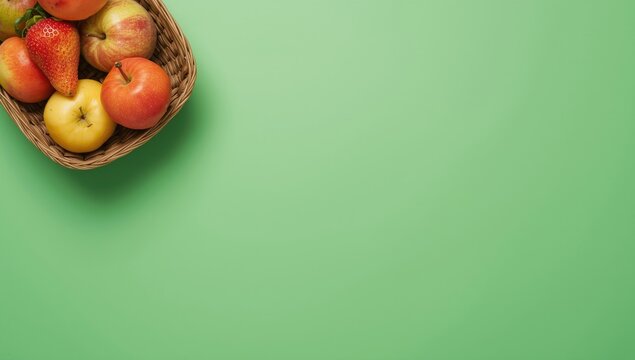 Basket of red and yellow apples on green background