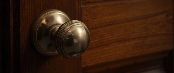 Fototapeta premium Brass doorknob on a wooden door panel