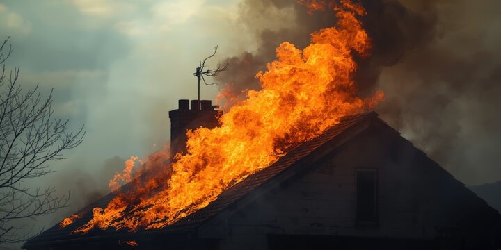 House rooftop ablaze with visible orange fire and smoke