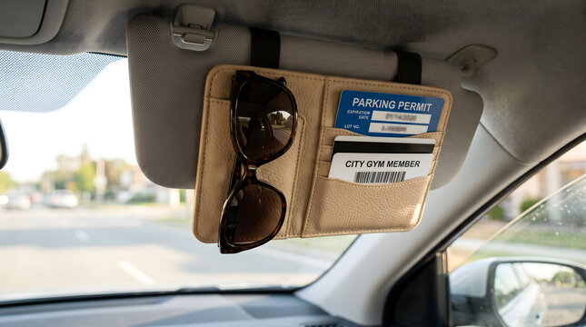 A beige leather car sun visor organizer pouch holding sunglasses, a parking permit, and membership cards inside a vehicle dashboard view