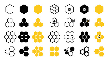 Fototapeta premium Set of Geometric Honeycomb and Bee Icons with Hexagon Shapes in Black and Yellow on an Isolated White Background.