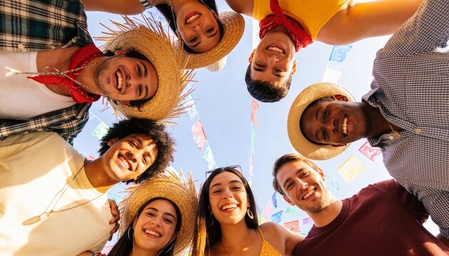 Diverse group of friends in a circle looking down at camera. Festa Junina celebration with straw hats and colorful banners. Happy young people at a traditional Brazilian festival