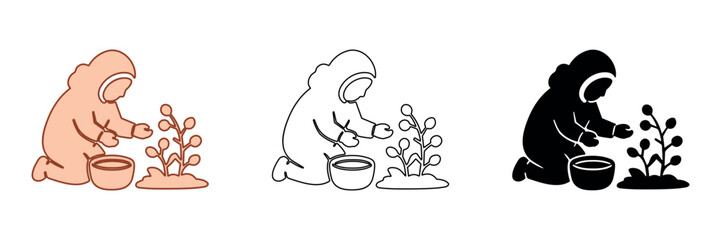 Person in parka planting seedling in soil with a bowl of water © Ophelia