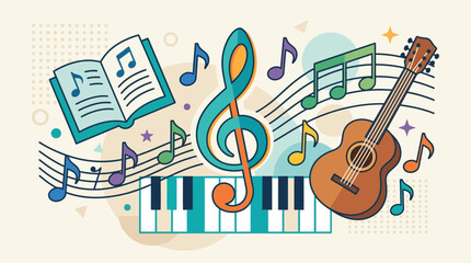 Obraz premium An upbeat flat design illustration showcasing a playful and abstract arrangement of music education elements, symbolizing the joy of learning and the journey of musical discovery. 
