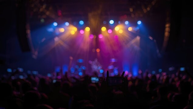 Concert crowd with colorful stage lights in background