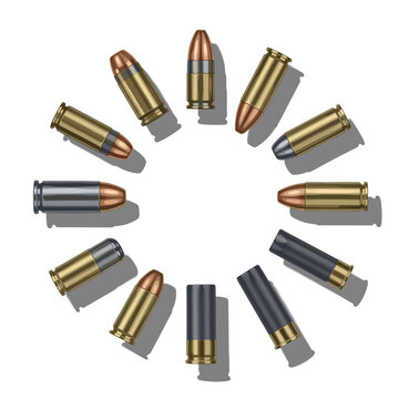 Circular arrangement of different caliber bullets pointing towards center