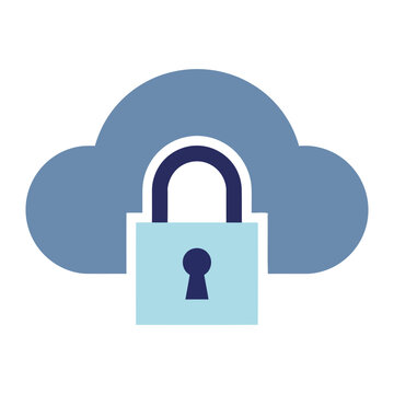 Flat design vector illustration of a blue cloud and padlock representing secure cloud storage