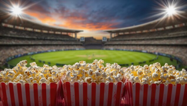 Popcorn buckets in front of a baseball stadium during sunset