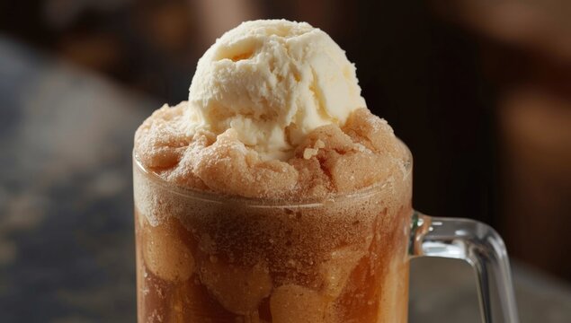 Root beer float with vanilla ice cream in a glass mug
