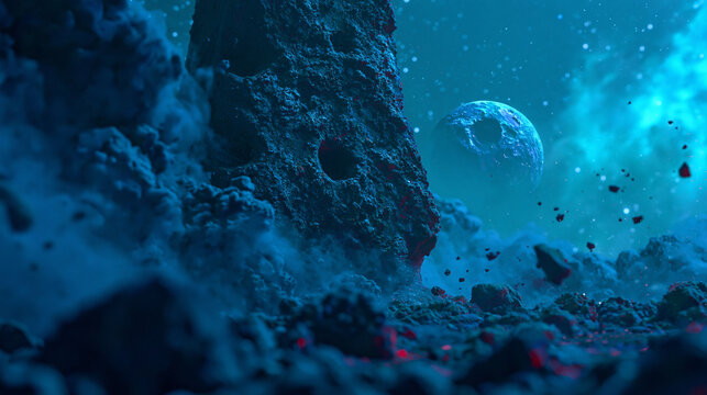 Rocky surface landscape on a distant alien planet with glowing atmospheric nebula, sci