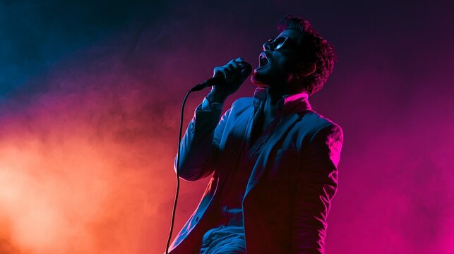 A stylish male vocalist holding a microphone on a dark concert stage, colorful haze behind him, energetic mood, magenta backlighting, low-angle three-quarter composition.